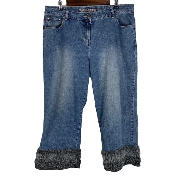 Americana Blues Faux Fur Hem High Rise Stretch Capris Women's 18 Light Blue - Picture 1 of 9